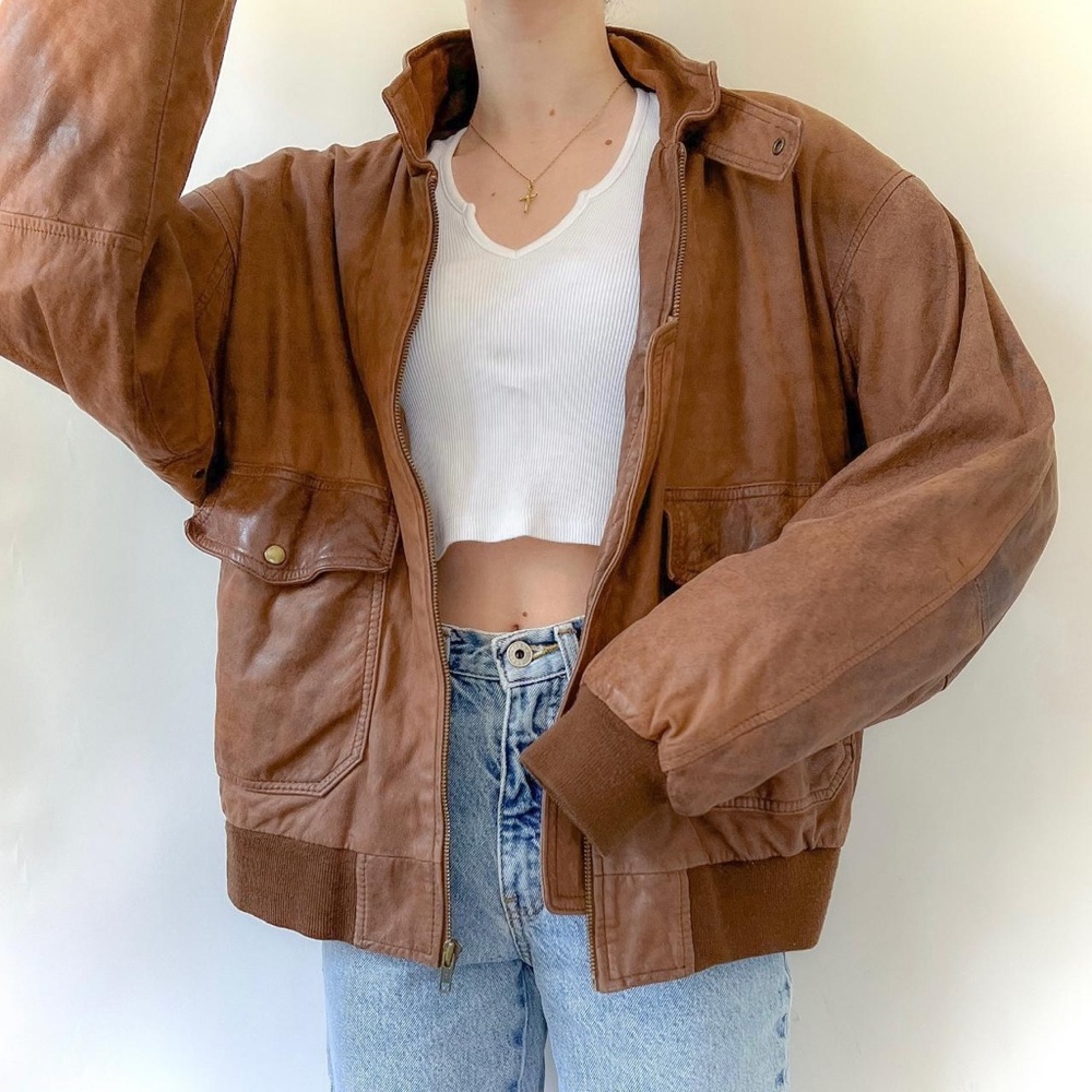 Vintage 80s/90s Chestnut Brown Collared Leather Aviator Bomber Jacket ✨